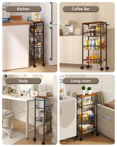 Rolling Utility Cart, 4-Tier Slim Narrow Storage Cart with Wheels for Kitchen, Laundry Room Organization, Metal Bathroom Organizer with Wood Top, Brown, 17.3" x 7.9" x 32.6"