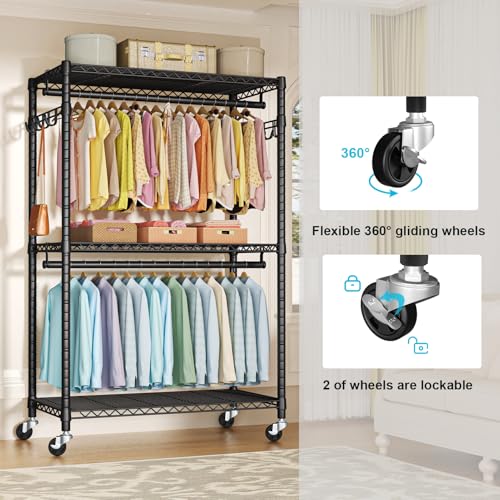 P1 Plus Rolling Clothes Rack, Heavy Duty Portable Closet Wardrobe | Freestanding Garment Clothing Rack with Wheels and Double Rods, 45"W x 17.7"D x 80.5"H, Max Load 524lbs, Black - color: Black, size: P1 Plus