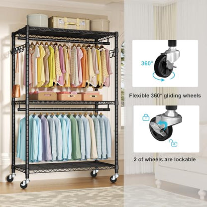 P1 Plus Rolling Clothes Rack, Heavy Duty Portable Closet Wardrobe | Freestanding Garment Clothing Rack with Wheels and Double Rods, 45"W x 17.7"D x 80.5"H, Max Load 524lbs, Black - color: Black, size: P1 Plus