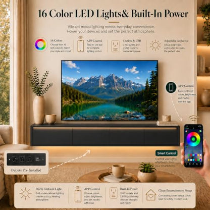 Black Floating TV Stand Wall Mounted, 72.8" Media Console | Fits Up to 80* TV, Black finish, midcentury modern tv stand. - color: Black-c