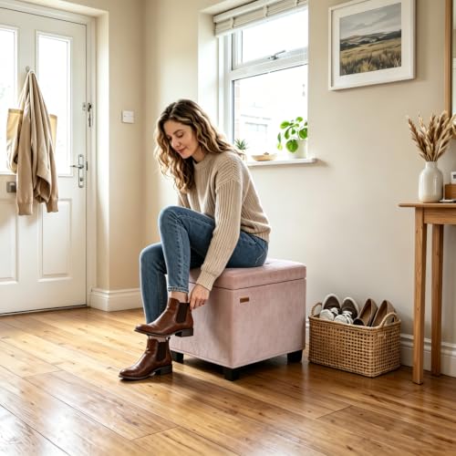 ABHENG Steel Frame Square Ottoman with Storage Pink UASND64P | 17.7" x 17.7" x 17.7", Hold 660 lbs, 48L Storage Capacity, Plush Velvet, Removable Lid, for Dorm Living Room - color: Velvet-pink, size: 17.7"D x 17.7"W x 17.7"H