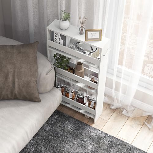MAT EXPERT Slim Rolling Storage Cart, 4-Tier Freestanding Slim Storage Cart with Wheels 360 Degree & Metal Handle, Wooden Utility Cart for Narrow Kitchen, Laundry Room, Bathroom (Plain White) - color: Plain White