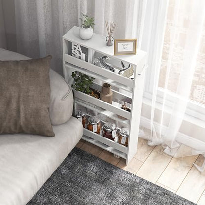 MAT EXPERT Slim Rolling Storage Cart, 4-Tier Freestanding Slim Storage Cart with Wheels 360 Degree & Metal Handle, Wooden Utility Cart for Narrow Kitchen, Laundry Room, Bathroom (Plain White) - color: Plain White