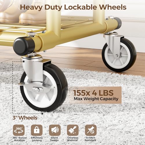 HYSEYY Heavy Duty Clothes Rack, Rolling Clothing Racks With Shelves Load 620 LBS, Double Rod Clothing Racks for Hanging Clothes, Portable& Adjustable Clothes Rack with Wheels Garment Rack,Gold - color: Gold