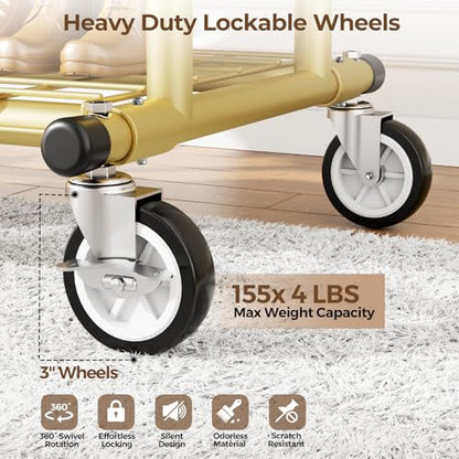 HYSEYY Heavy Duty Clothes Rack, Rolling Clothing Racks With Shelves Load 620 LBS, Double Rod Clothing Racks for Hanging Clothes, Portable& Adjustable Clothes Rack with Wheels Garment Rack,Gold - color: Gold