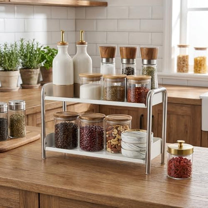 MOZIMABOX Cabinet Organizer Shelf, 2 Tier Kitchen Spice Rack Countertop Shelf Organizer, Stainless Steel Kitchen Storage Countertop Storage Shelf Container, (L, White) - size: L