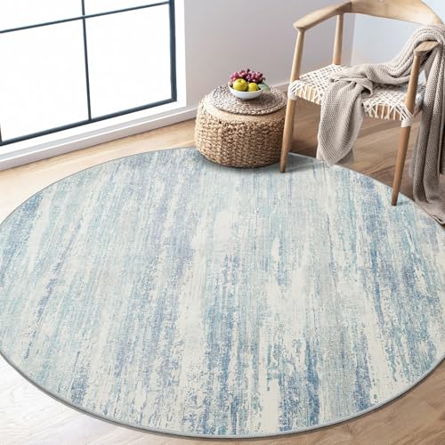 Round Rug 4ft Small Cicle Area Rug Washable Low Pile Non Slip Modern | Machine Washable Circular Throw Carpet for Entryway Bedroom Kitchen Abstract Floor Indoor Accent Neutral Blue - color: Blue, size: 4' (Round)