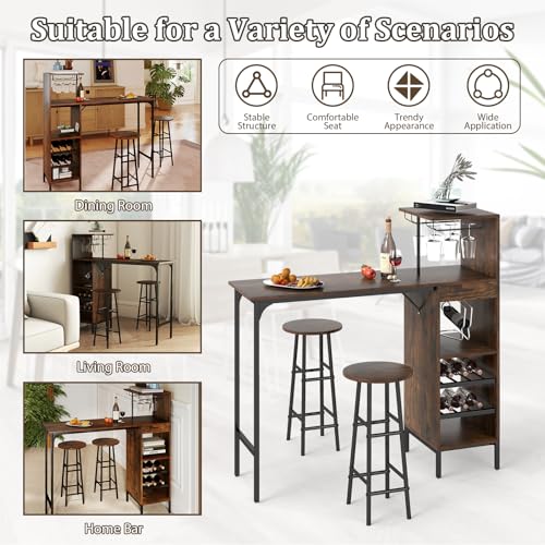 GOFLAME Bar Table Set for 2, Counter Height Dining Table Set with Shelves, Cup Holder & Wine Rack, Breakfast Table & Stools Set, 3-Piece Pub Table Set for Kitchen, Dining Room, Rustic Brown - color: Rustic Brown