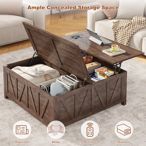 chartustriable 43.3“ Lift Top Coffee Table with Storage, Farmhouse Coffee Table with Large Hidden Storage Compartment and Shelves，Square Center Tables for Living Room, Tea Table Dark Brown - color: Brown