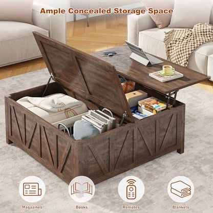 chartustriable 43.3“ Lift Top Coffee Table with Storage, Farmhouse Coffee Table with Large Hidden Storage Compartment and Shelves，Square Center Tables for Living Room, Tea Table Dark Brown - color: Brown