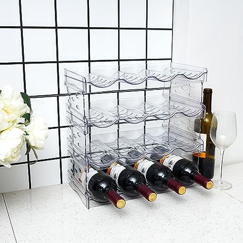 Plastic Stackable Bottle Storage Holder Rack Holds 16 Bottles,Free-Standing Water Bottle/Wine and Drink Organizer Shelf for Kitchen Cabinet,Fridge,Countertop,Pantry,Freezer,4 PackX4 Bottles,Clear - size: 4 Tier-Holds 16 Bottles