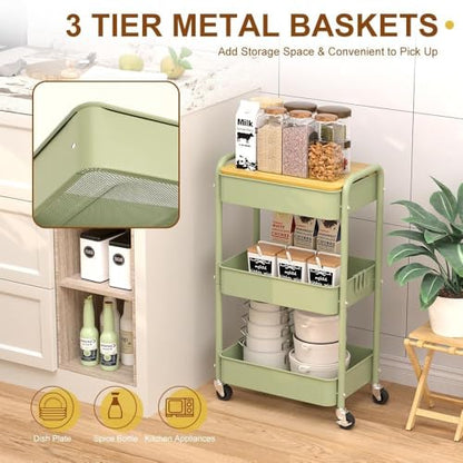 3 Tier Metal Utility Cart, Rolling Storage Cart with Wooden Tabletop, Metal Organizer Cart with Lockable Wheels for Office, Bedroom, Kitchen and Living Room (Green) - color: Green
