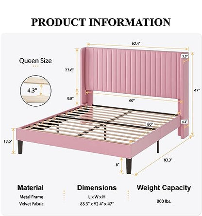SHA CERLIN Queen Size Velvet Bed Frame, Tufted Wingback Headboard, Pink | 47'' Modern Vertical Channel Headboard, Upholstered Platform Bed, Wood Slats, No Box Spring Needed, Easy Assembly, Noise Free - color: Pink, size: Queen