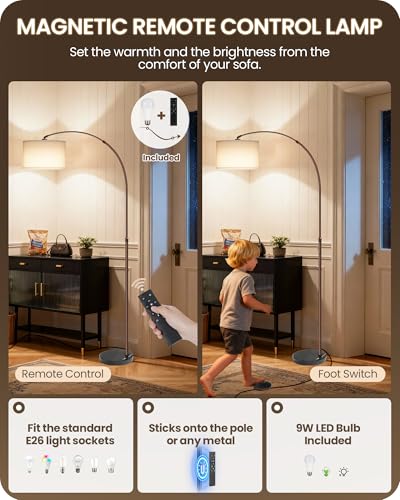 75" Arc Floor Lamp with Marble Base and Adjustable Height, Rotating Hanging Shade, Dimmable Floor Lamp for Living Room with Remote and Foot Switch, 3CCT, Over Couch Arched Light, White Brown VW15LD05 - color: Brown + White