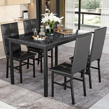 Hooseng Dining Table Set for 4, Faux Marble Small Kitchen Table with 4 PU Leather Chairs, Modern 5 Piece Dinner Table Set for Dining Room, Breakfast Nook, Samll Space, Black - color: Black