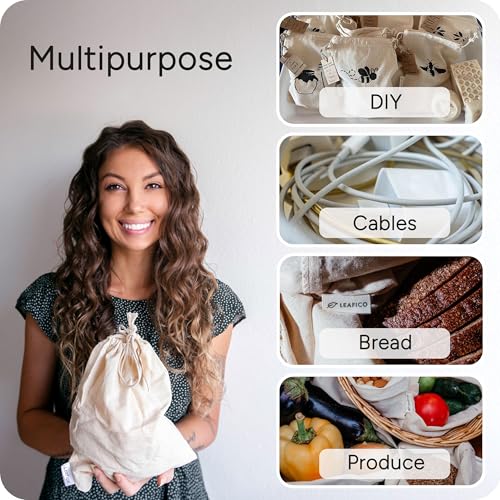 Multipurpose Eco Cloth Bags - Large 10x12 Inch (12 Pack) - Cotton Produce Storage Sacks - Muslin Drawstring Pouches for Vegetables - Bread Bags - Fabric Sachets - size: Large 10x12"