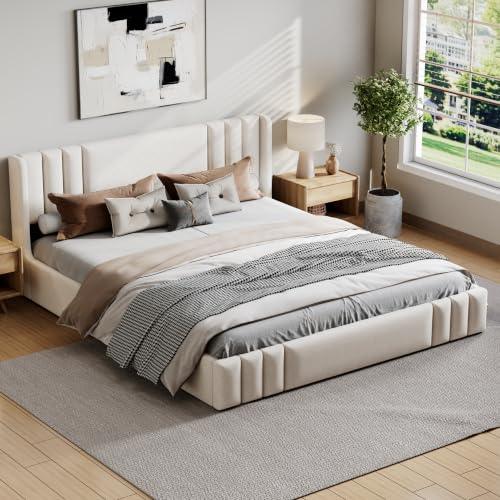 VilroCaz Queen Size Linen Upholstered Platform Bed Frame with Thick Fabric Headboard, No Box Spring Needed (Beige-6.17, Queen) - color: Beige-6.17, size: Queen