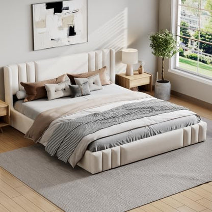 VilroCaz Queen Size Linen Upholstered Platform Bed Frame with Thick Fabric Headboard, No Box Spring Needed (Beige-6.17, Queen) - color: Beige-6.17, size: Queen