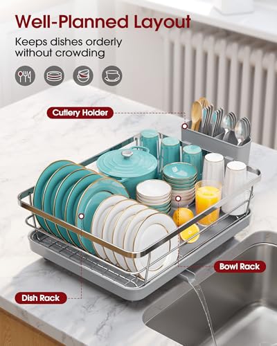 Sakugi Dish Drying Rack - Stainless Steel Dish Rack with Drainboard for Kitchen Counter and Sink, 15.6" D x 12" W x 5" H, Sliver - color: Silver, size: 15.6"D x 12"W x 5"H