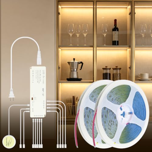 Warm White Under Shelf Lights Strip with Hand-Sweep On/Off 32.8FT 12V 3000K | 2 Rolls of 16.4ft 100W,Self-Adhesive Dimmable COB LED Strips Light,Cuttable DIY Shelf Lighting for Bookshelf Pantry Closet - color: Warm White, size: 10M