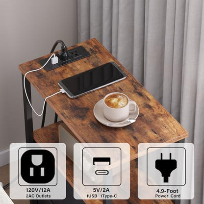 TUTOTAK Narrow LED End Table with Charging Station, Skinny Side Table | Bedside Table with Outlets, Nightstand with 2 Cloth Drawers, Couch Table for Living Room, Bedroom, Brown TB01BB056 - color: Brown, style: 2 Drawers with Plug & Light