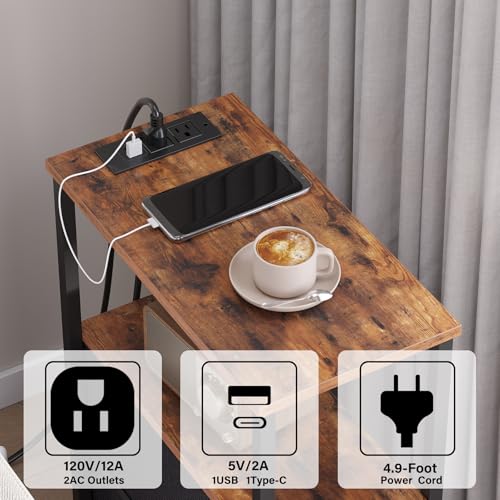 TUTOTAK Small Narrow LED End Table with Charging Station, Set of 2 | Side Table with Outlets, Nightstand with Cloth Drawer, Couch Table for Living Room, Bedroom, Brown and Black TB01BB059K - color: Brown and Black, style: 1 Drawer with Plug & Light