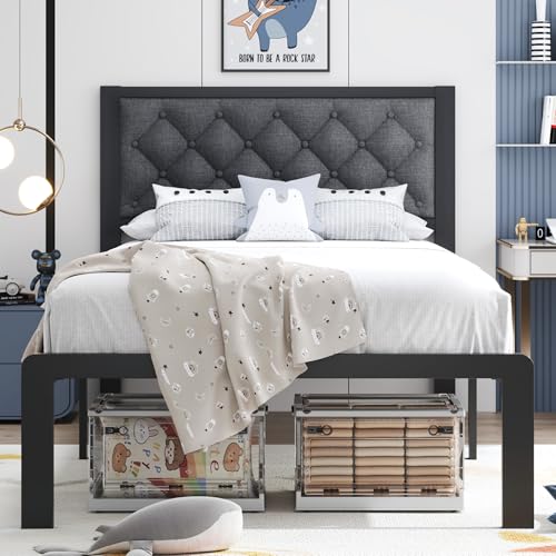 HISOFT Twin Bed Frame with Upholstered Button Tufted Headboard, Bed Frame Platform Metal Slats Support, Under Bed Storage, No Box Spring Needed, Noise-Free, Easy Assembly, Grey - color: Grey, size: Twin