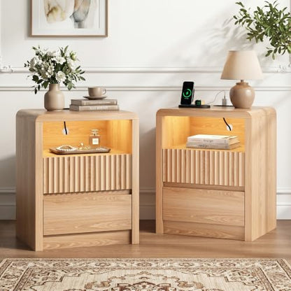 LYNSOM Fluted LED Nightstand Set of 2, Charging Station & 2 Drawers, Oak | Mid Century Modern Night Stand with Stoarge, Wood Bedside End Table with Curved Edge for Bedroom, Living Room, Office, 20" W - color: Oak, size: 2 Drawers