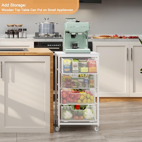 4-Tier Kitchen Storage Cart - Fruit Vegetable Storage Cart with Drawers, Wooden Top Metal Wire Kitchen Organizer and Storage Cart with Wheels to Storage Onions Potatoes Cans Snacks for Kitchen - size: 4-Tier White