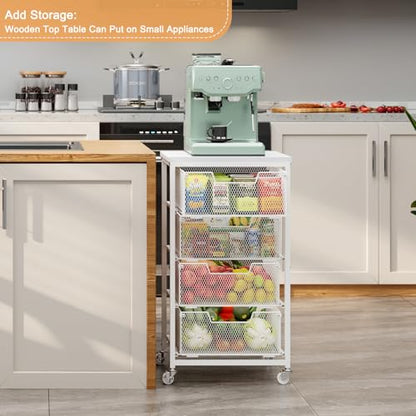 4-Tier Kitchen Storage Cart - Fruit Vegetable Storage Cart with Drawers, Wooden Top Metal Wire Kitchen Organizer and Storage Cart with Wheels to Storage Onions Potatoes Cans Snacks for Kitchen - size: 4-Tier White