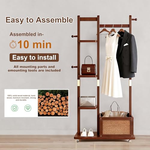 Solid Wood Clothes Rack with Wheels, Rolling Clothing Rack with 4 Shelves & 4 Hooks, Oak Coat Rack Freestanding Heavy Duty with Storage Basket, Coat Hanger Stand for Garment Bags Wallets Hats Shoes - color: Walnut