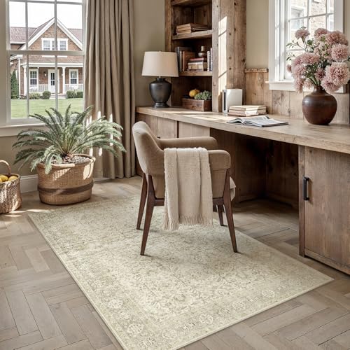 Beige Small Area Rug 4x5 Vintage Traditional Distressed | Washable, Non Slip, Soft Low Pile, Indoor Carpet for Entryway, Kitchen, Bathroom, Farmhouse Decor - color: Accent Beige, size: 4' x 5' (Rectangular)