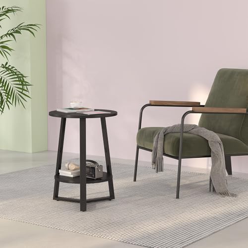 sthmec Small Round End Table, 2 Tier Side Table with Storage Shlef,Coffee Table Wooden Tabletop & Metal Frame,Round Accent Table Small Nightstands Couch Tables for Bedroom,Livingroom, Black - color: Black