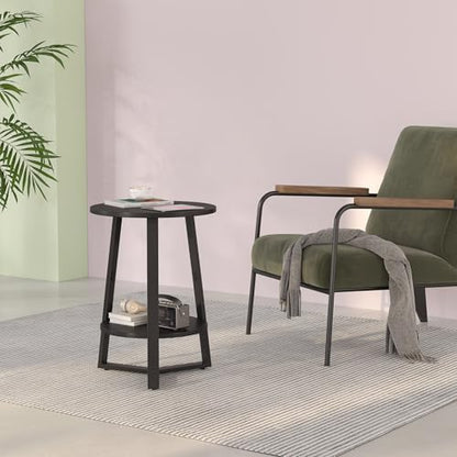 sthmec Small Round End Table, 2 Tier Side Table with Storage Shlef,Coffee Table Wooden Tabletop & Metal Frame,Round Accent Table Small Nightstands Couch Tables for Bedroom,Livingroom, Black - color: Black