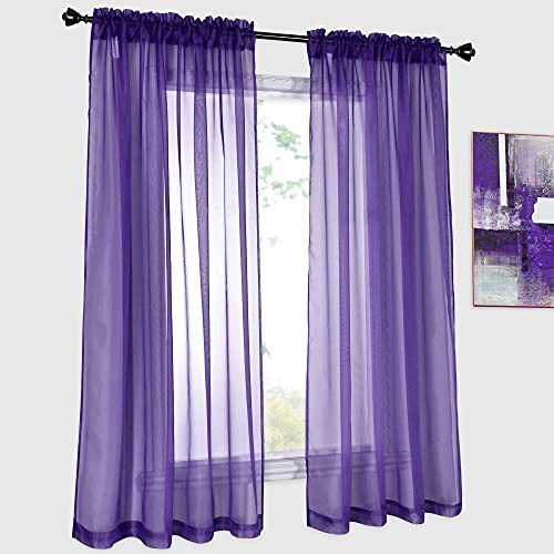 2 Panels Solid Color Dark Purple Sheer Curtains Elegant Rod Pocket Window Voile Panels Drapes for Bedroom Living Room (52X63 Inches) - color: Dark Purple, size: 52"W x 63"L (Pack of 2)