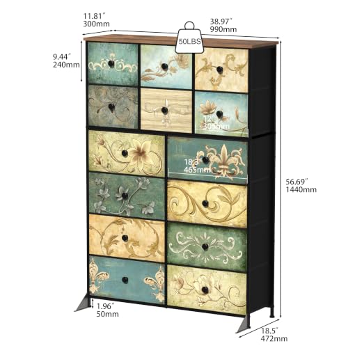 Dresser with Drawers for Bedroom Chest of Drawers Fabric Dresser for Closet,Nursery Entryway Hall Tree TV Stand for Living Room Retro Floral Pattern Drawers Wooden Top (14 Drawers) - size: 11.8"D x 39"W x 57"H (14 Drawers)