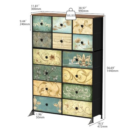 Dresser with Drawers for Bedroom Chest of Drawers Fabric Dresser for Closet,Nursery Entryway Hall Tree TV Stand for Living Room Retro Floral Pattern Drawers Wooden Top (14 Drawers) - size: 11.8"D x 39"W x 57"H (14 Drawers)