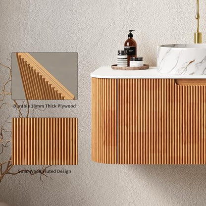 24” Floating Bathroom Vanity with Sink, Fluted Wall-Mounted Solid Wood Cabinet, Marble-Pattern Ceramic Round Basin, Faux Marble Top, Soft-Close Drawer, Pre-Assembled, Natural Woodgrain - color: 01 - Natural Woodgrain, size: 24"