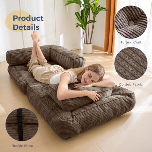 MAXYOYO Folding Sofa Bed, Convertible Chair Bed with Pillow | L-Shaped Floor Sofa with Armrest and Pillow, Foldable Portable Fold Out Comfy Chair Bed for Living Room Bedroom, Brown - color: Brown