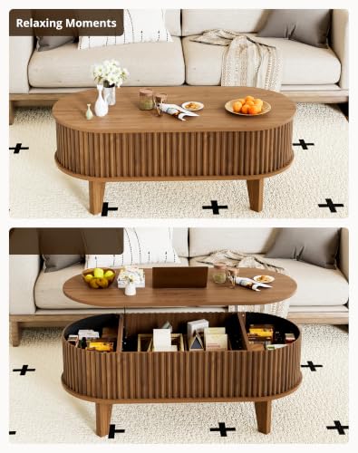 Oval Lift Top Coffee Table with Storage, 41" Wood Fluted Modern Living Room Center Table for Home Office, Walnut - color: Walnut