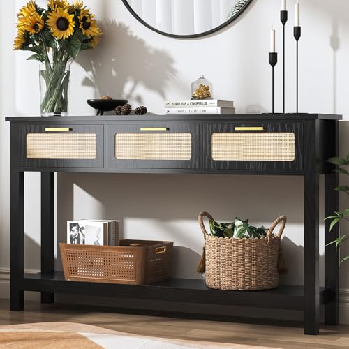 ELYKEN 51.2" Rattan Console Tables with 3 Storage Drawers for Entry Way | Entryway Table, 3 Drawers & Shelf, Black Hallway Table,Narrow Long Boho Sofa Table Behind Couch Entrance Entry - color: Black