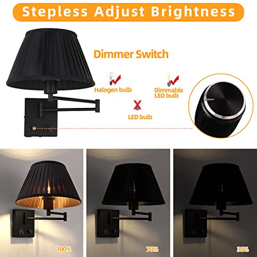 17" Swing Arm Wall Lamp USB & AC Outlet, Dimmable, Black | Adjustable Swing Arm Rotary dimmer sets Plug-in bedside Bedroom Living Room reading - color: Black