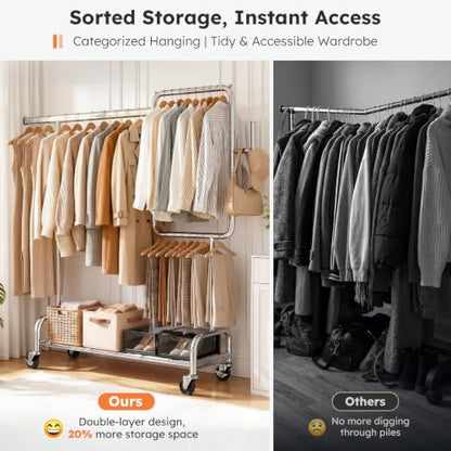 SOLEDI Heavy Duty Partitioned Clothes Rack, 600 LBS Load Metal Garment Rack with Shelves & Lockable Wheels, Rolling Hanging Rack for Bedroom, Laundry Room, Store & Garage (Silver) - color: Silver