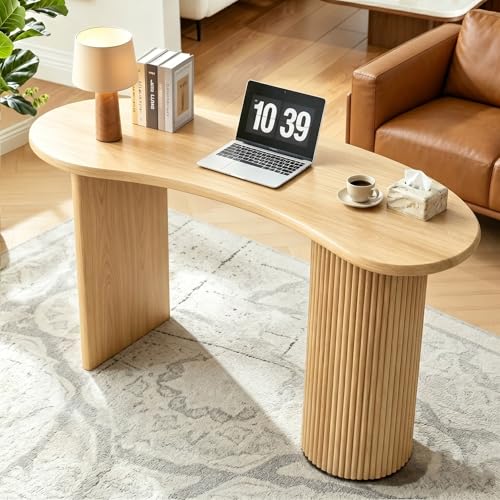 LEVNARY 54.3" Curved Small Computer Desk, Wooden Executive Desk with Sturdy Fluted Legs, Modern Luxury Corner Single Writing Vanity Desk for Bedroom Living Room Home Office (Natural)