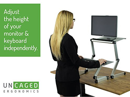 WorkEZ Standing Desk Conversion Kit with 2 fans & 3 usb ports. Perfect Laptop Sit to Stand Converter Ergonomic Adjustable Height & Angle Negative Tilt - color: Silver+usb Fan Hub