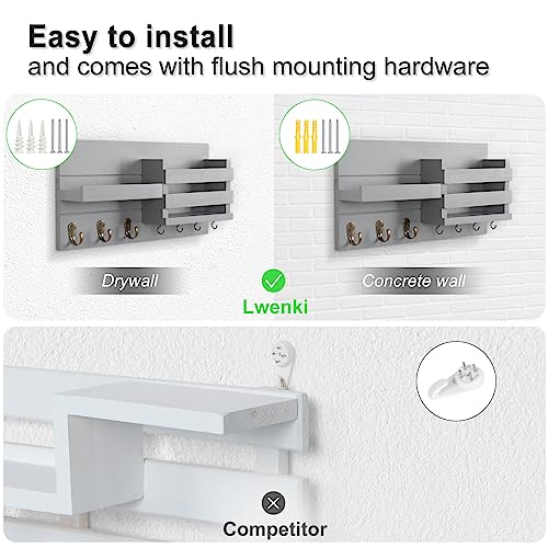 Lwenki Mail Organizer for Wall Mount – Key Holder with Shelf Includes Letter Holder and Hooks for Coats, Dog Leashes – Rustic Wood with Flush Mounting Hardware (16.5” x 8.7” x 3.5”) (Gray) - color: Gray