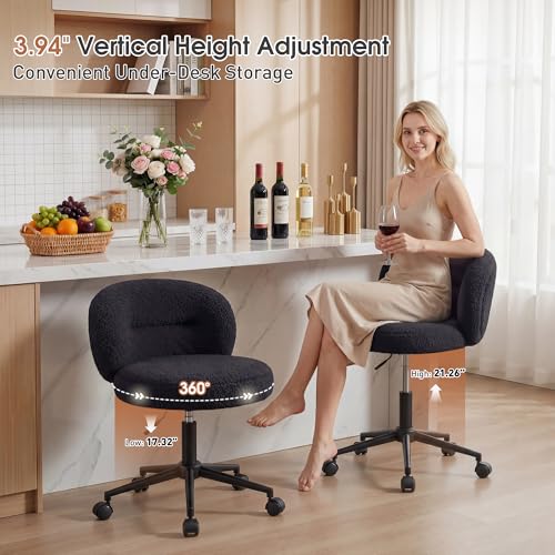 Homkdom Round Vanity Chair with Silent Wheels, 17.32" Wide Seat | Height Adjustable, 360 Swivel & Smooth Rolling, Armless Design for Makeup and Study - Black - color: Black