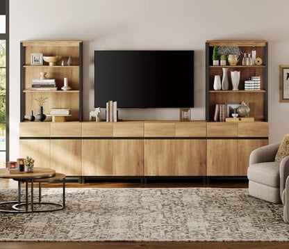 WAMPAT Modern TV Stand with 3 Tiers Bookshelf, Farmhouse Entertainment Center with 4 Large Storage Cabinets and Adjustable Shelf, Wooden Media TV Console with Black Metal Leg for Living Room, Oak - color: Oak-a