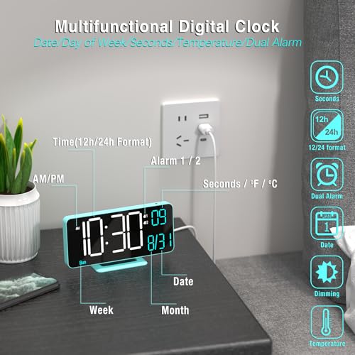 Digital Alarm Clock, 6.7in Digital Clock for Bedroom, Auto Dimming, Room Temperature, Day of The Week, Seconds, Date, Desk Clocks for Living Room, Alarm Clocks for Bedrooms - color: Blue (White + Blue Digits)