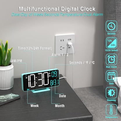 Digital Alarm Clock, 6.7in Digital Clock for Bedroom, Auto Dimming, Room Temperature, Day of The Week, Seconds, Date, Desk Clocks for Living Room, Alarm Clocks for Bedrooms - color: Blue (White + Blue Digits)
